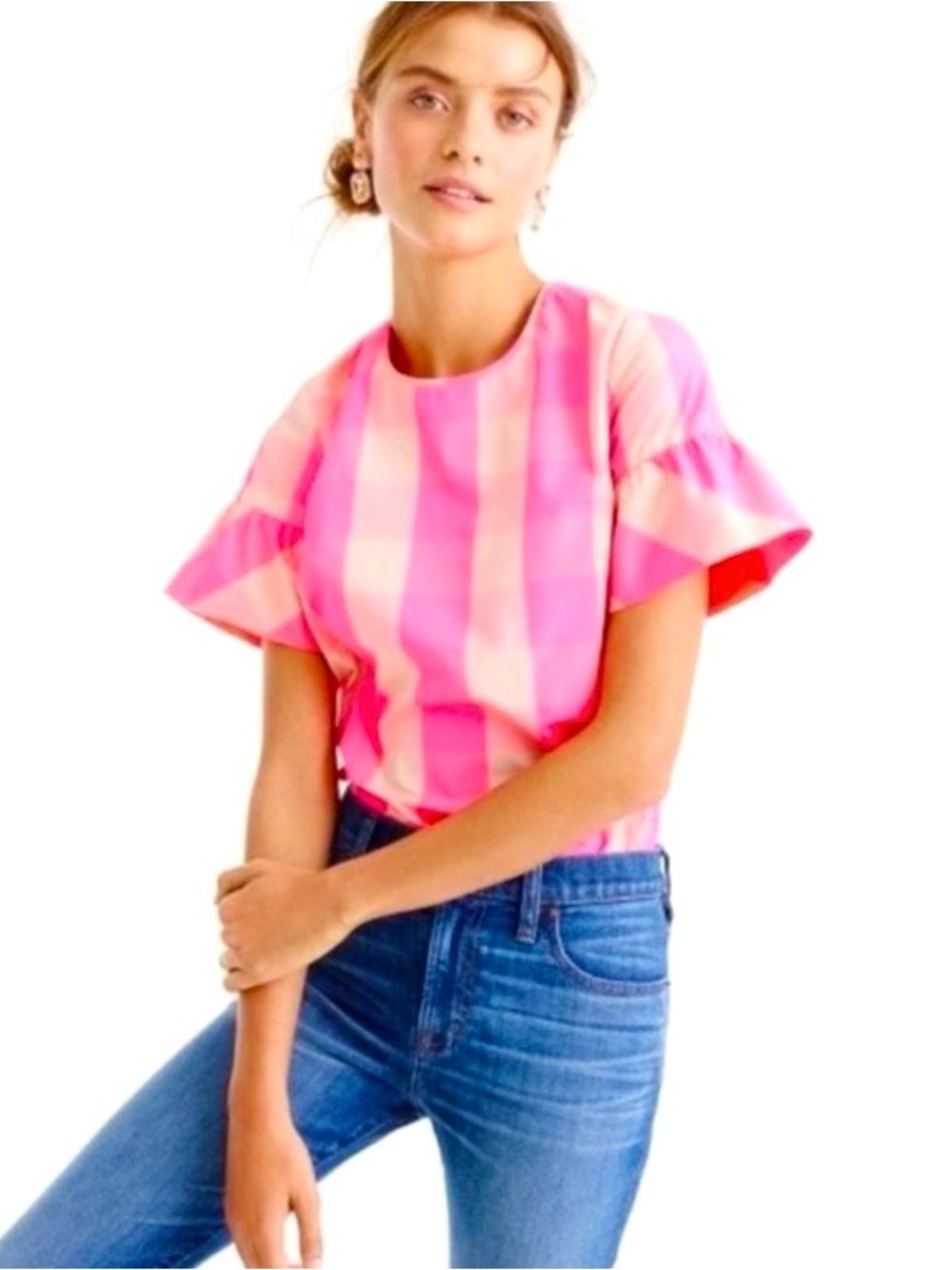 J. Crew Neon Pink Gingham Checkered Top